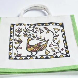 Birsa Craft Green Big Jute Bag with Sohrai painting on Shopping Bag